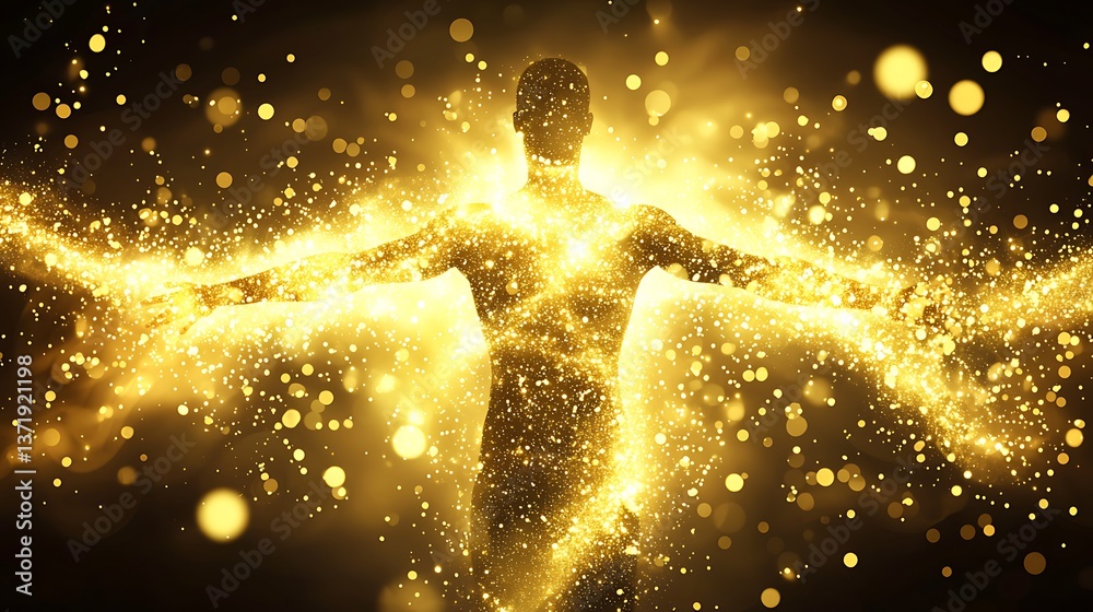 A man is surrounded by a lot of gold glitter