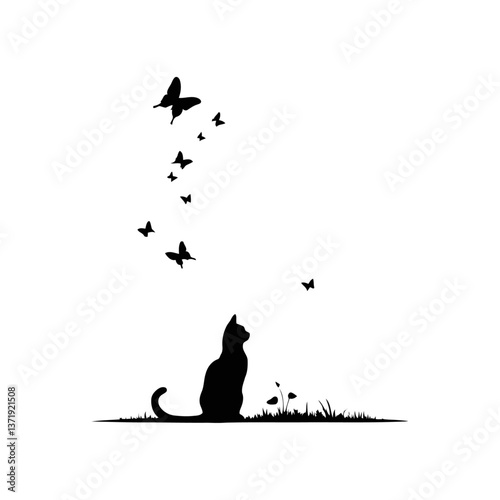 A black and white vector illustration of a cat lying on its back, watching a butterfly hovering above on a white background