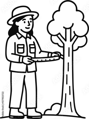 Female Forester Measuring Tree Diameter – Forest Conservation Vector