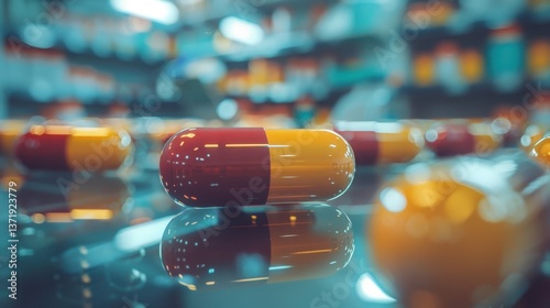 Red and yellow capsule pills on a glossy surface in a lab setting, representing medicine production, pharmaceuticals, and healthcare.