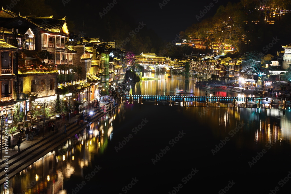 Night view along Tuo River in Fenghuang Ancient Town, Hunan, China Night view along Tuo River in Fenghuang Ancient Town, Hunan, China
