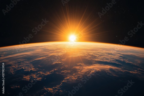 Spectacular sunrise over Earth’s horizon viewed from space, showcasing glowing clouds, light rays, and the vast cosmos.