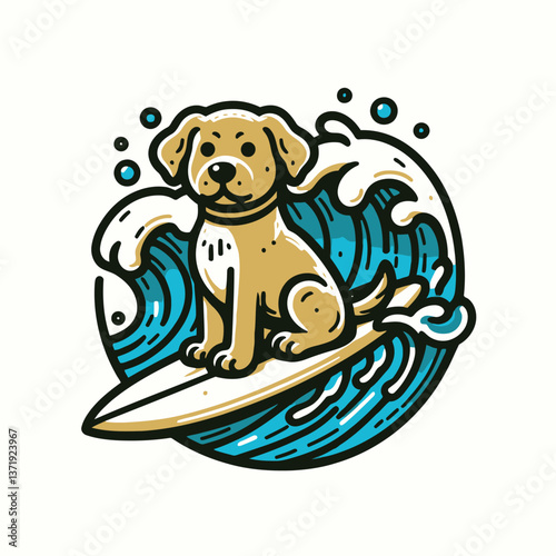 Cute dog riding a surfboard mascot logo vector illustration for beach and water sports