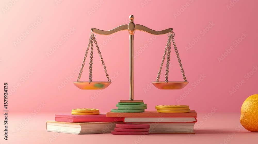 Golden justice scale balanced on books against a pink background, symbolizing education, equality, fairness, and law. Golden justice scale balanced on books against a pink background, symbolizing education, equality, fairness, and law.