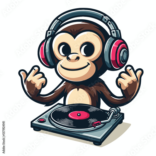 Cool DJ monkey spinning a turntable mascot logo vector illustration for music and entertainment