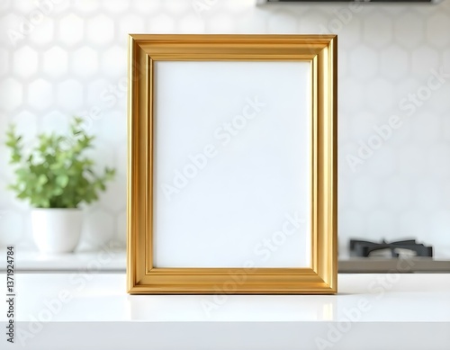 Empty golden frame on a white counter with some decoration, white hexagon tiles on the wall, kitchen environment