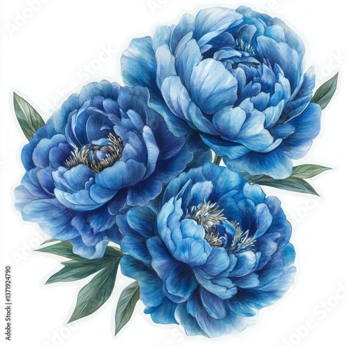 Three blue peony flowers with lush petals and green leaves, botanical floral illustration on white background