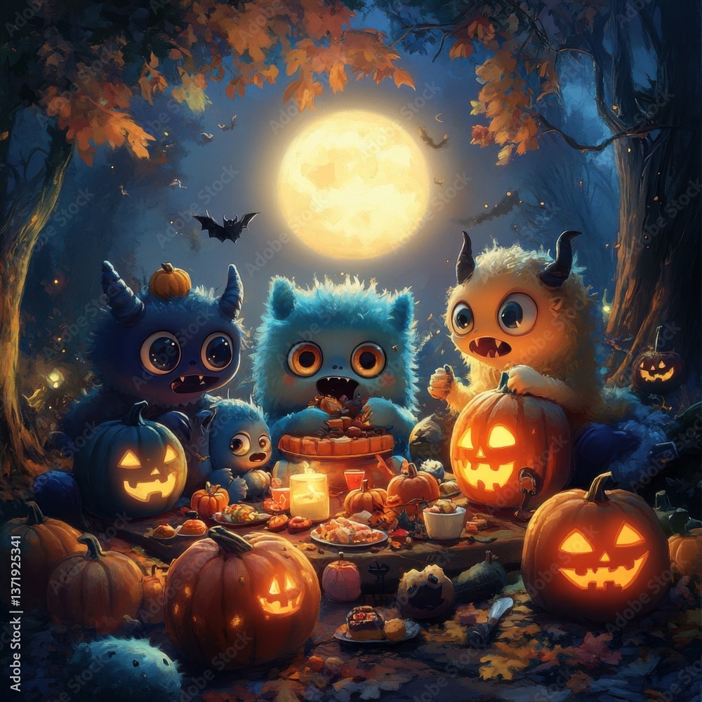 Fototapeta premium Adorable Monster Creatures Celebrate Halloween with Pumpkins
