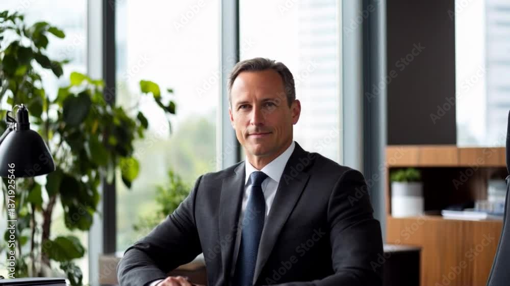 Description: A well-dressed businessman confidently posing at his desk in a modern office with greenery, large windows, and contemporary decor, highlighting professionalism and productivity.
Description: A well-dressed businessman confidently posing at his desk in a modern office with greenery, large windows, and contemporary decor, highlighting professionalism and productivity.
