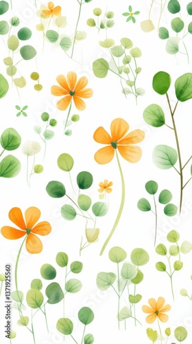 Seamless floral and foliage pattern with vibrant orange flowers and lush green leaves
