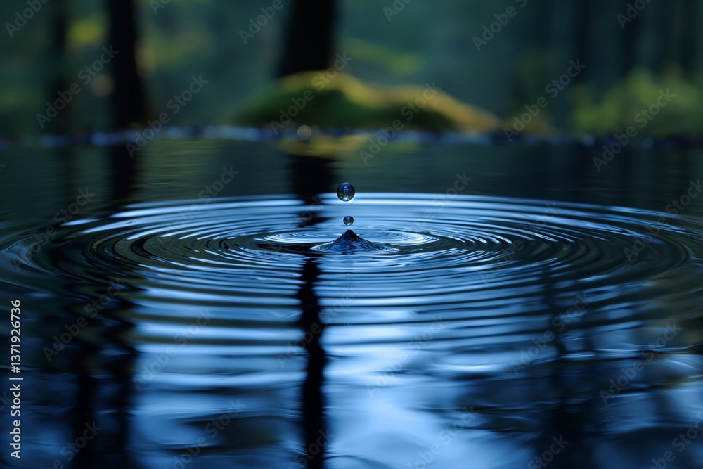 A serene close-up of a water droplet creating ripples on a calm surface, showcasing a tranquil forest setting. A serene close-up of a water droplet creating ripples on a calm surface, showcasing a tranquil forest setting.