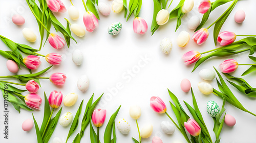 Floral Easter frame with tulips and painted eggs on the white background.