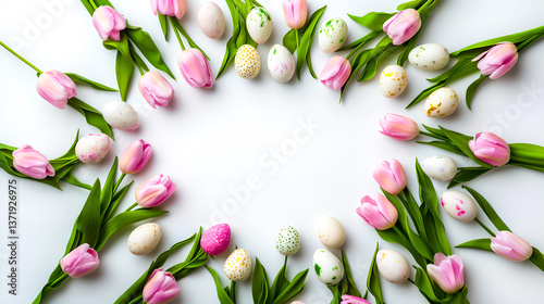 Floral Easter frame with tulips and painted eggs on the white background.