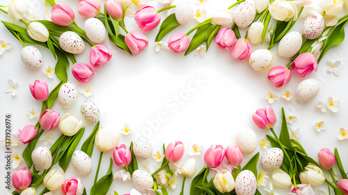 Floral Easter frame with tulips and painted eggs on the white background.