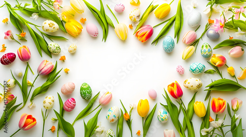 Floral Easter frame with tulips and painted eggs on the white background.