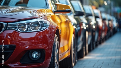 A close-up shot of a lineup of used cars with prominent Sale stickers on the windshields.