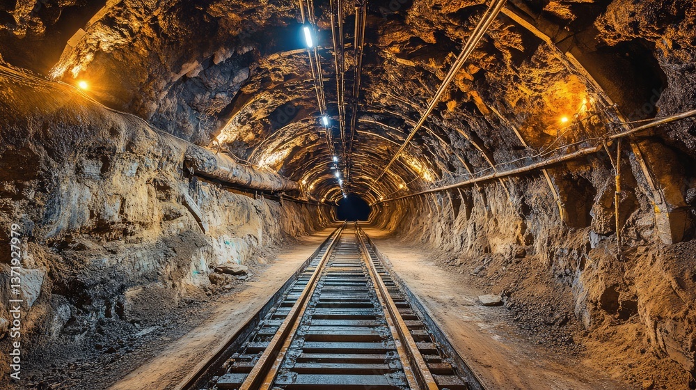 A deep underground coal mine with conveyor belts transporting materials.