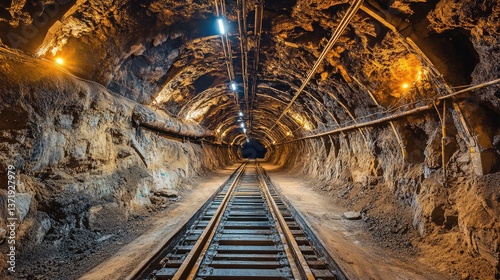Obraz na płótnie A deep underground coal mine with conveyor belts transporting materials. w salonie
