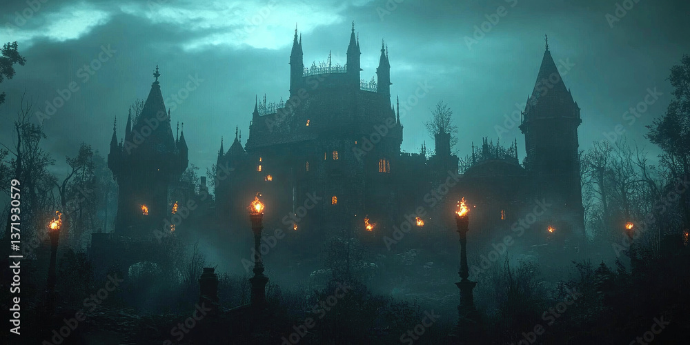 Fototapeta premium A Dark Enchanted Castle with Glowing Torches for Fantasy, Gothic, and Mystical Design Projects