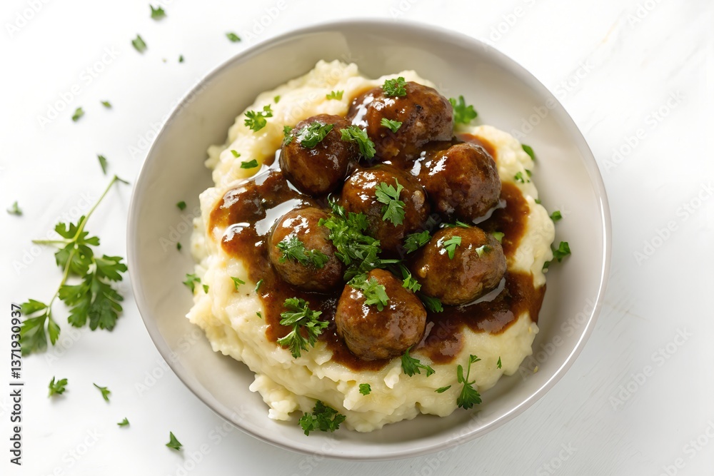Swedish Meatballs with Mashed Potatoes and Gravy Top View Swedish Meatballs with Mashed Potatoes and Gravy Top View