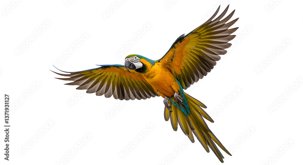 Fototapeta premium Vibrant Macaw in Flight with Outstretched Wings - Photorealistic High-Resolution Bird Photography