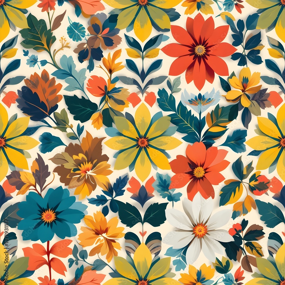 seamless floral pattern,Geometric floral and leaf pattern, vibrant colors seamless floral pattern,Geometric floral and leaf pattern, vibrant colors