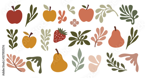 Hand drawn abstract fruits set with leaves and organic shapes. Collection of apple, pear, strawberry vector illustrations in mid century retro style isolated on transparent background. 