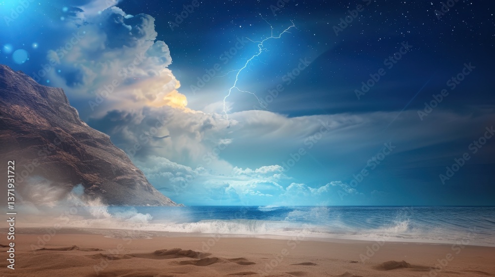 Naklejka premium Dramatic Thunderstorm Over Serene Beach at Night Under Starry Sky