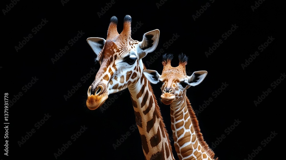 Obraz premium Mom And Baby Giraffe Face Black Background