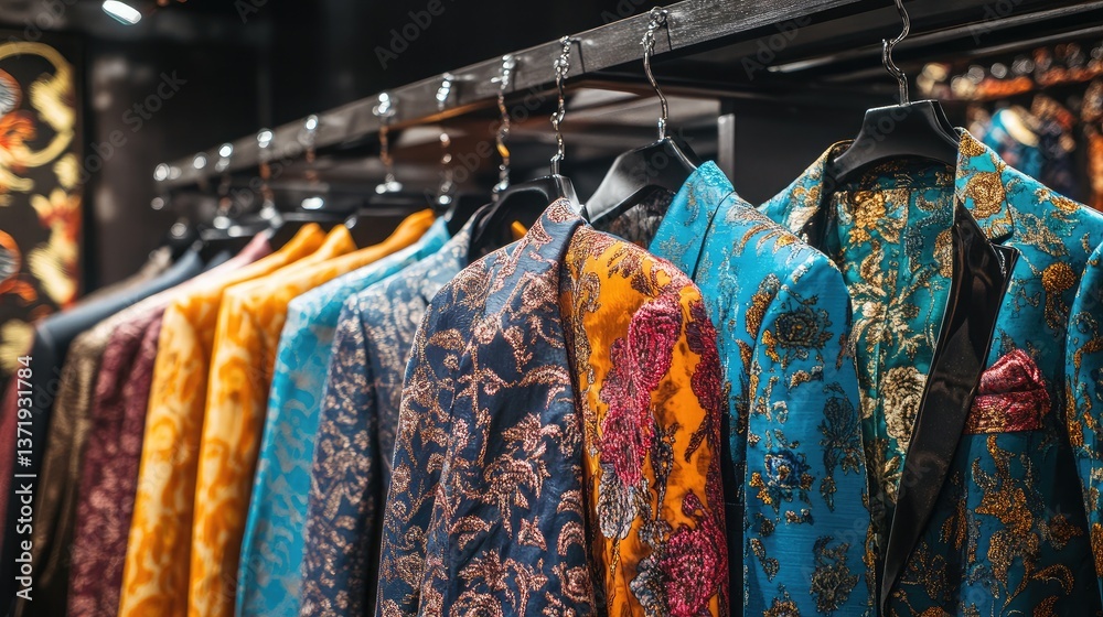 Obraz premium A selection of dress suits arranged on hangers in a showroom.