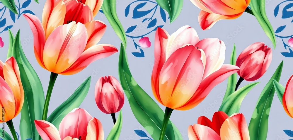 Obraz premium Whimsical watercolor tulip & leaf tile pattern, batik-inspired , design, organic