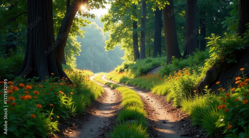 Fototapeta premium Sunlit Woodland Path A Serene Dirt Road Winding Through Lush Greenery and Vibrant Orange Blossoms