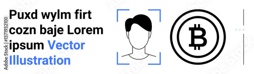 User avatar framed by identification markers next to Bitcoin logo highlighting digital currency and technology. Ideal for identity verification, blockchain, finance, web design, fintech apps