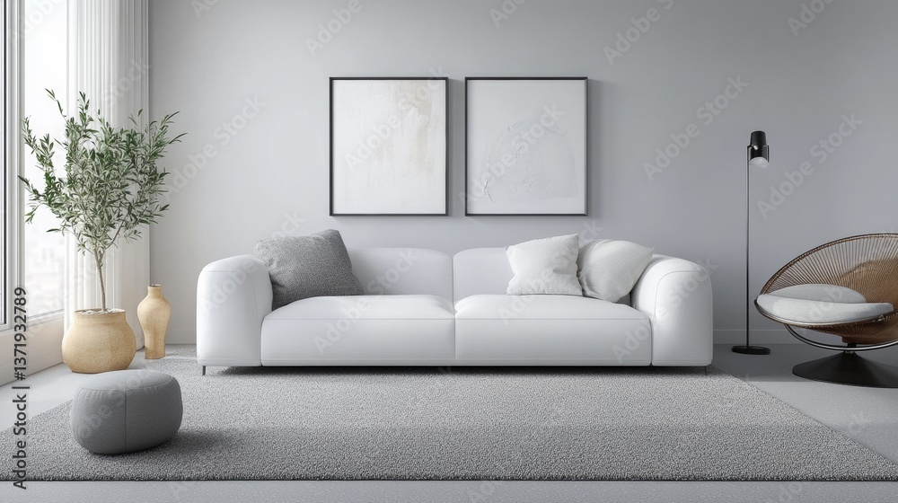Modern white designer sofa on legs with cushions on grey carpet in middle of minimalistic living room with high ceiling, futuristic chair, green plant, abstract picture and two vases on table Modern white designer sofa on legs with cushions on grey carpet in middle of minimalistic living room with high ceiling, futuristic chair, green plant, abstract picture and two vases on table