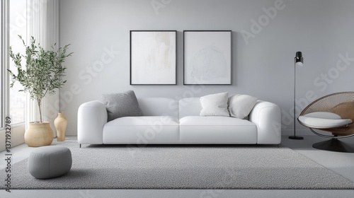 Modern white designer sofa on legs with cushions on grey carpet in middle of minimalistic living room with high ceiling, futuristic chair, green plant, abstract picture and two vases on table