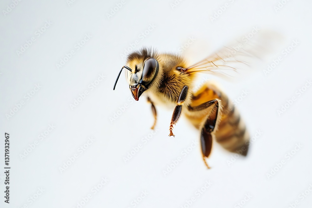 Honeybee Flying Against a Bright Background in Close-up View Nature Honeybee Flying Against a Bright Background in Close-up View Nature