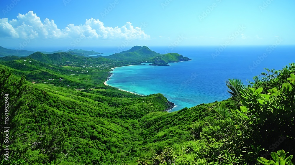 Fototapeta premium Lush Island Coastline with Caribbean View.