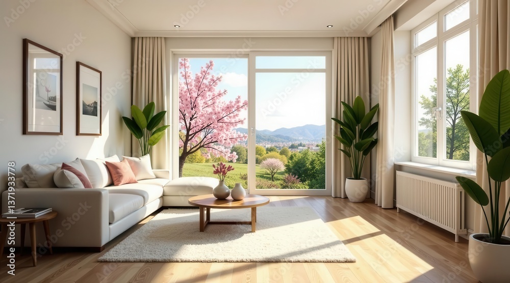 Serene Living Room with Blossoming Tree View and Sunlight Streaming Through Large Windows Serene Living Room with Blossoming Tree View and Sunlight Streaming Through Large Windows