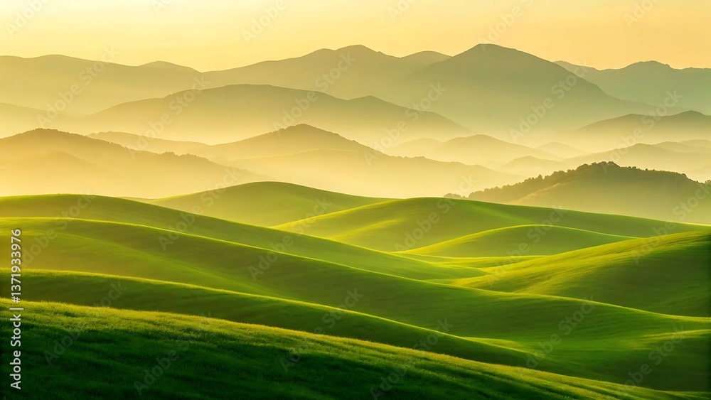 Fototapeta premium Sunrise over rolling green hills and mountains.