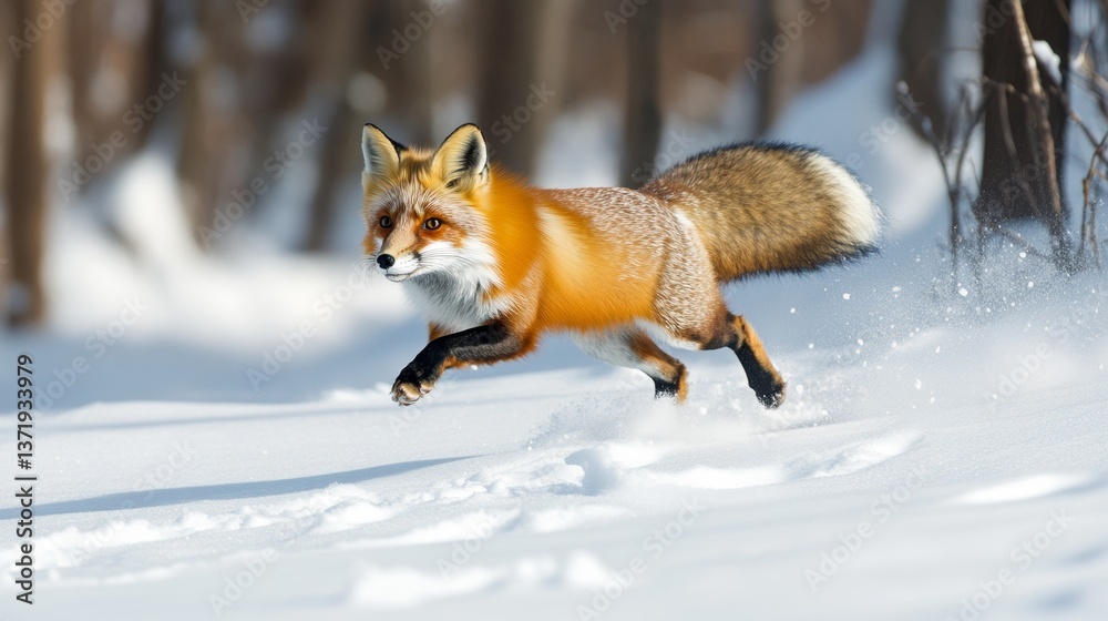 Fototapeta premium A red fox dashes through the snowy forest, leaving delicate paw prints behind.
