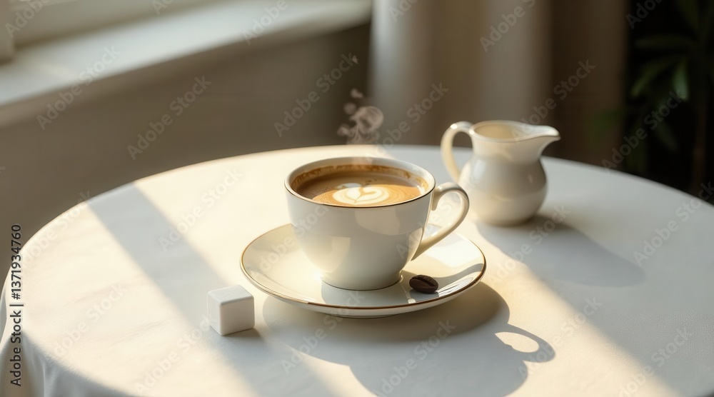 Fototapeta premium Warm Morning Light Illuminates a Steaming Cup of Latte Art Coffee on a Table with Creamer