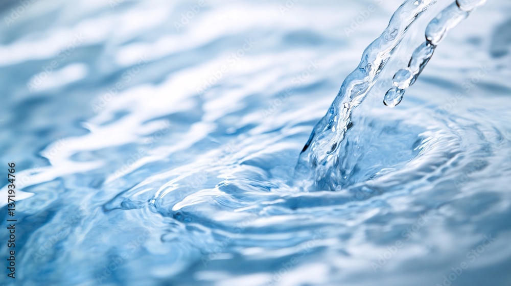 Pure water pouring, ripples, close-up, blue background, hydration Pure water pouring, ripples, close-up, blue background, hydration