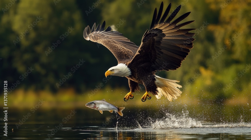 An eagle in flight catching fish from a lake