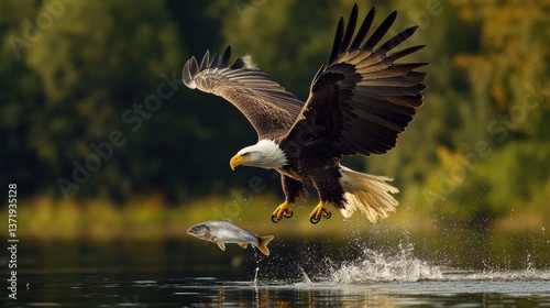 Obraz na płótnie An eagle in flight catching fish from a lake w salonie
