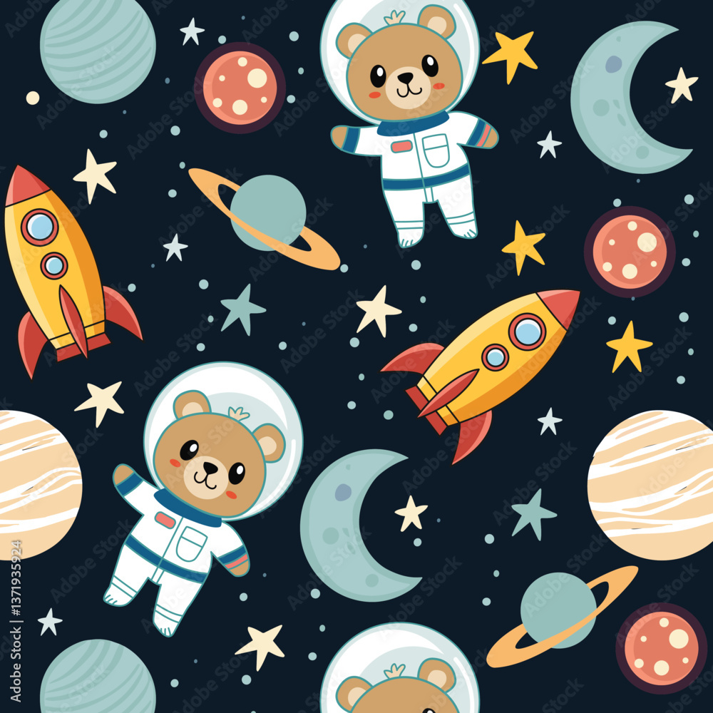 Cute bear astronaut in space seamless pattern. Cute bear astronaut in space seamless pattern.
