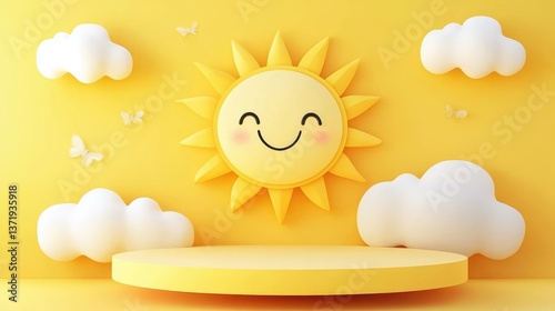3D Rendering: Cute Sun & Cloud Podium Background for Product Presentation - Modern Yellow Background with Copy Space, Childlike Style, Simple Design