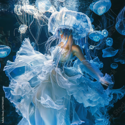Elegant jellyfish aristocrat draped in iridescent gowns, bioluminescent crown glowing in an underwater ballroom. photo