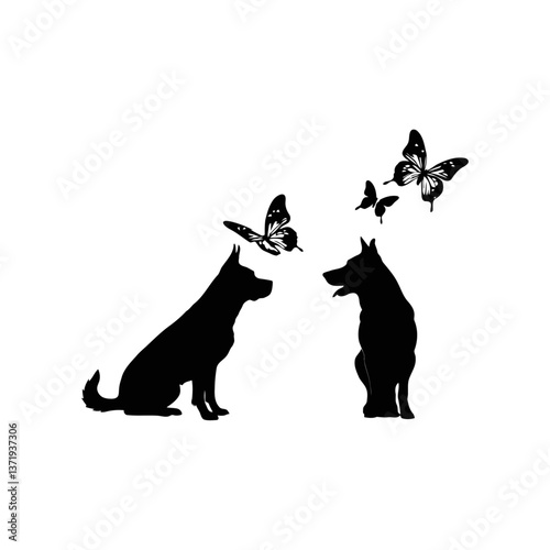 A black and white vector illustration of a curious dog gazing at a butterfly fluttering nearby on a white background