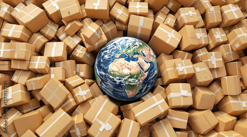 Planet Earth, drowning in a pile of parcel boxes, symbolizes the rapid development of international logistics and global trade