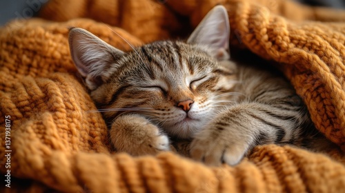 Peaceful Sleeping Cat on a Cozy Woolen Blanket